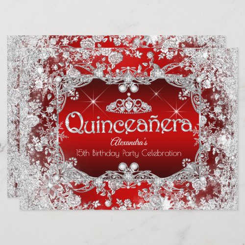Quinceanera Red Silver Tiara Winter Wonderland Invitation