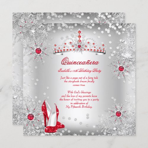 Quinceanera Red Silver Winter Wonderland Invitation