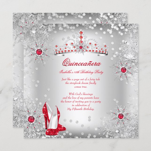 Quinceanera Red Silver Winter Wonderland Invitation (Front/Back)