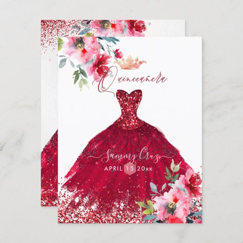 Quinceanera Red Sparkle Gown Watercolor Flowers In Invitation