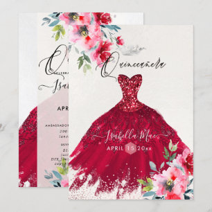 Quinceanera Red Sparkle Gown Watercolor Flowers Invitation