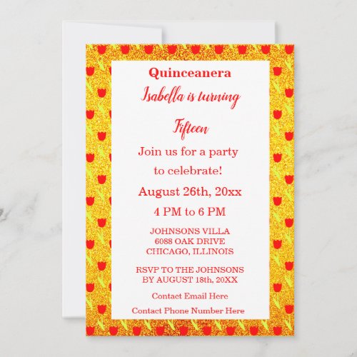 Quinceanera Red Tulips Gold Glitter 15th Birthday Invitation