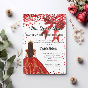 Quinceanera red white dress bow invitation