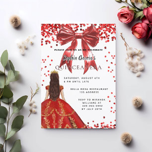 Quinceanera red white dress bow invitation