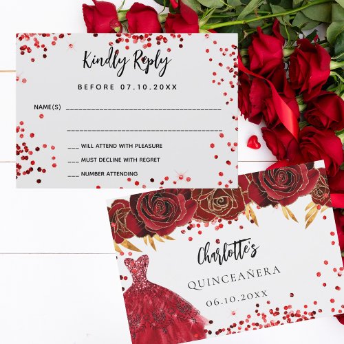 Quinceanera red white dress flowers RSVP card