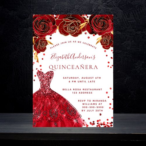 Quinceanera red white dress roses glamorous invitation