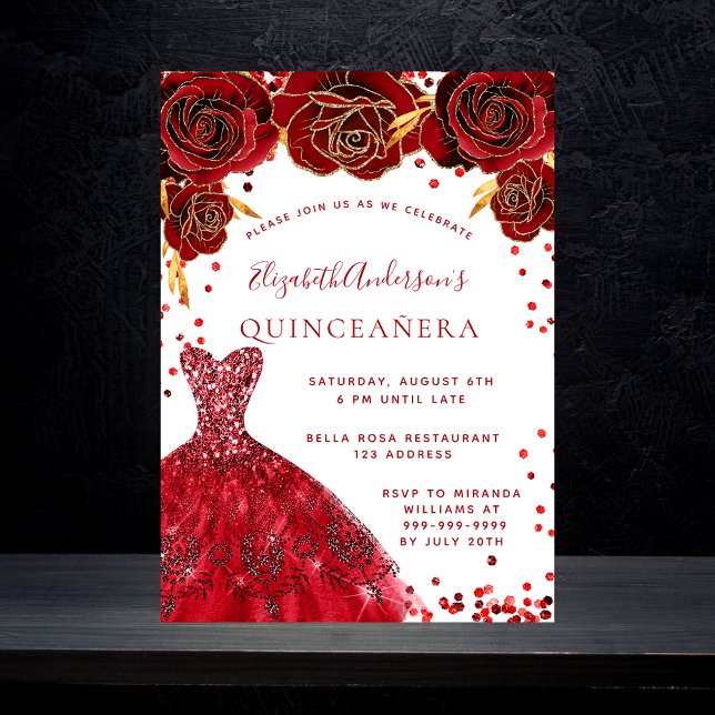 Quinceanera red white dress roses glamorous invitation postcard (Creator Uploaded)
