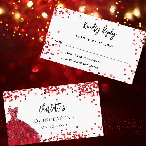 Quinceanera red white dress RSVP card