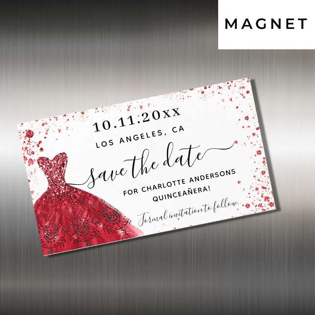 Quinceanera red white dress save the date magnet