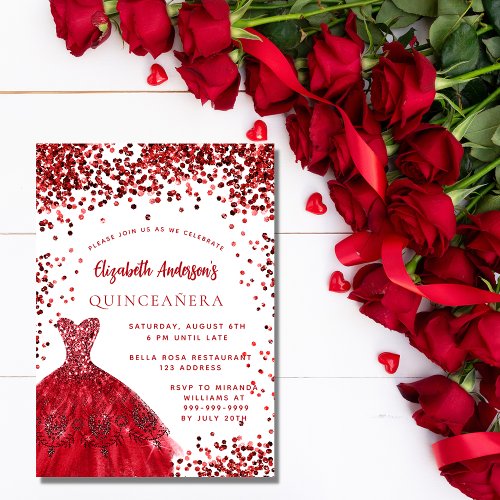 Quinceanera red white dress sparkles party invitation postcard