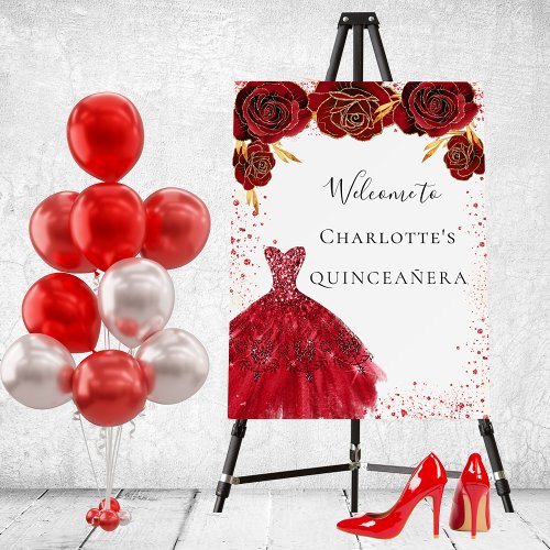 Quinceanera red white glitter dress floral welcome foam board