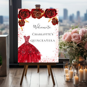 Quinceanera red white glitter dress floral welcome foam board