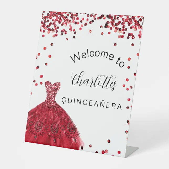 Quinceanera red white glitter dress welcome pedestal sign | Zazzle