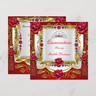 Quinceanera Regal Red Gold Rose Tassels Tiara Invitation