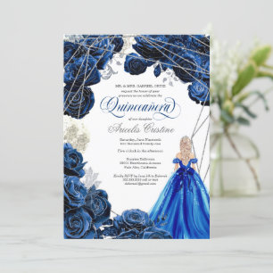 Quinceañera Regal Royal Blue & Silver w Gown Invit Invitation
