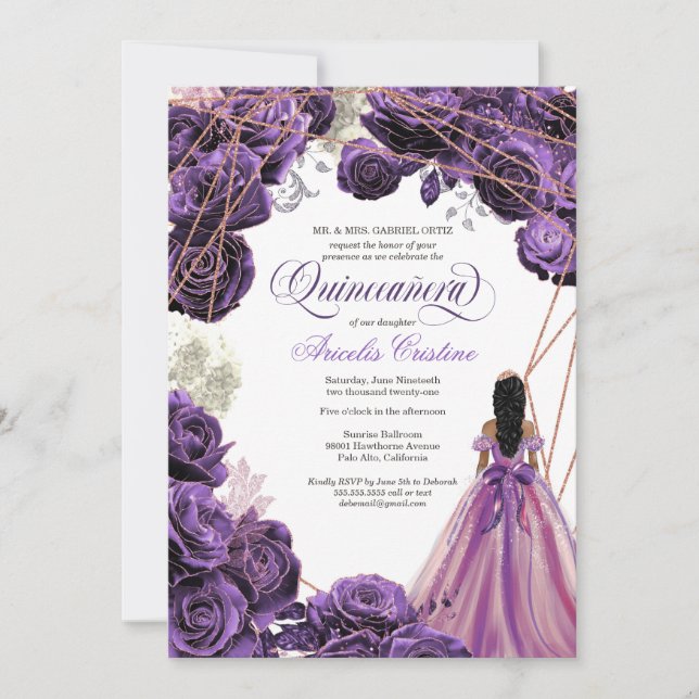 Quinceañera Regal Royal Purple & Rose Gold & Gown Invitation (Front)