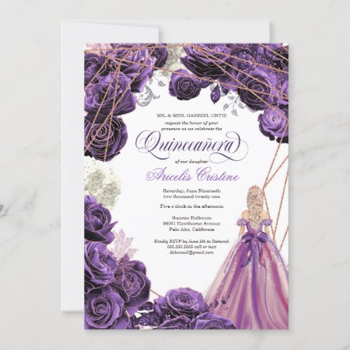 Quinceaera Regal Royal Purple  Rose Gold  Gown  Invitation