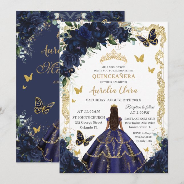 Quinceañera Rich Navy Blue Floral Gold Princess Invitation (Front/Back)