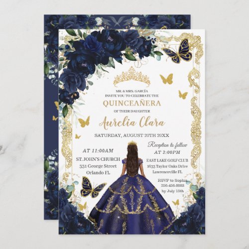 Quinceaera Rich Navy Blue Floral Gold Princess Invitation