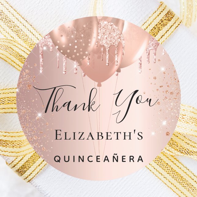 Quinceanera rose  blush glitter balloon Thank You Classic Round Sticker (Creator Uploaded)