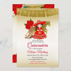 Quinceañera Rose Burgundy Gold Mexican Birthday In Invitation