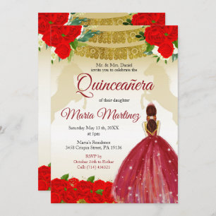 Quinceañera Rose Burgundy Gold Mexican Birthday Invitation