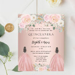 Quinceanera rose dress floral 2 girls invitation<br><div class="desc">Celebrate a double Quinceañera in style with this modern and glamorous invitation designed for two sisters! Featuring a chic rose gold background adorned with blush pink flowers, this invitation showcases two girls in elegant ball gowns. The names are beautifully written in a modern hand-lettered script, adding a personalized and sophisticated...</div>
