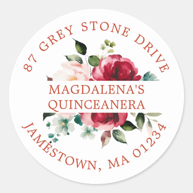 Quinceanera Rose Floral Return Address Label (Front)