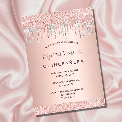 Quinceanera rose glitter blush silver invitation postcard