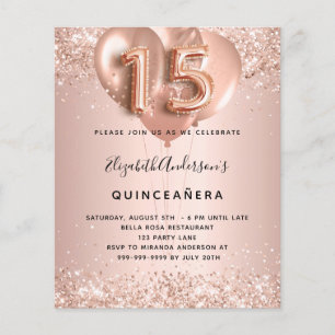 Quinceanera rose gold balloons budget invitation flyer