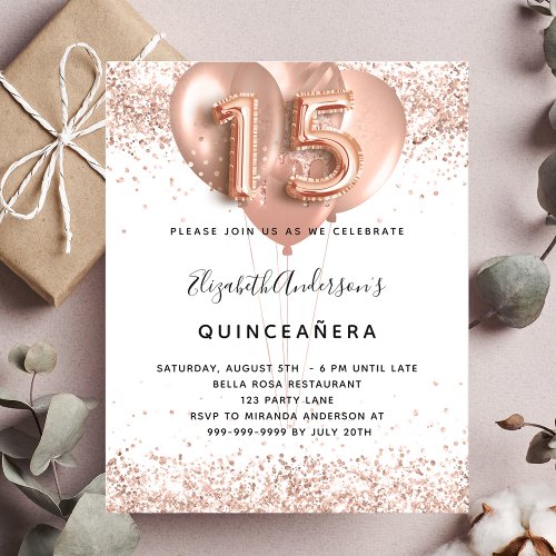 Quinceanera rose gold balloons budget invitation flyer