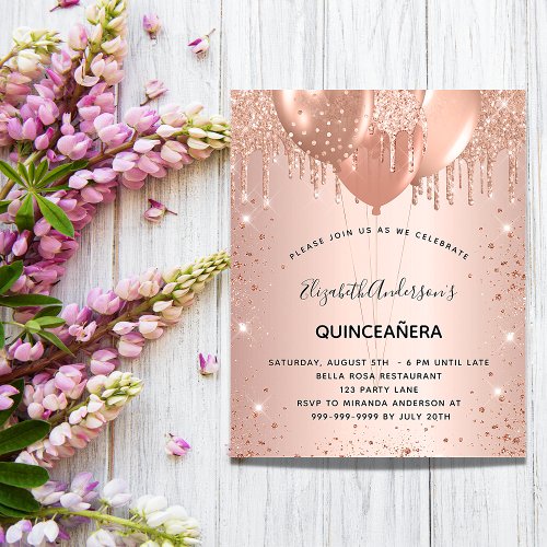 Quinceanera rose gold balloons budget invitation flyer