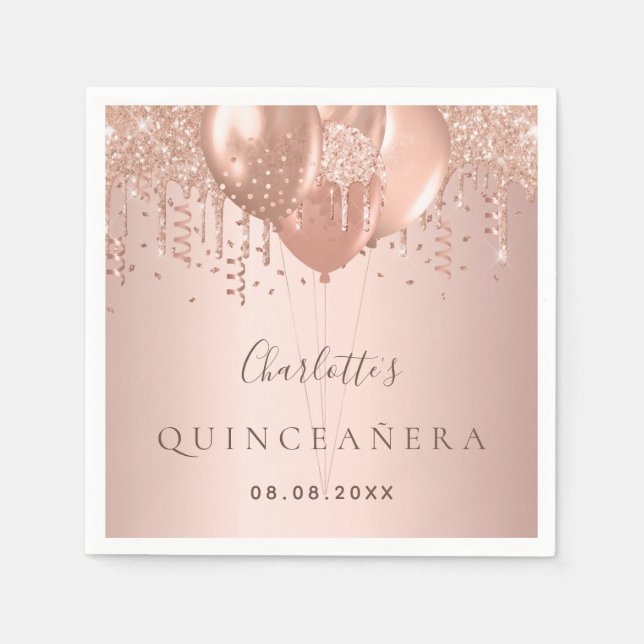 Quinceanera rose gold balloons monogram napkins (Front)