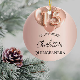 Quinceanera rose gold balloons name ceramic ornament