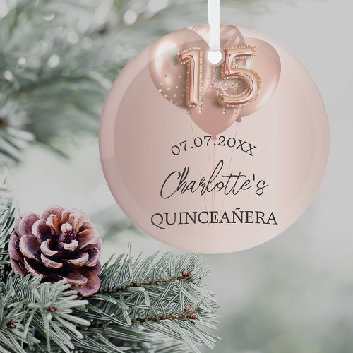 Quinceanera rose gold balloons name glass ornament