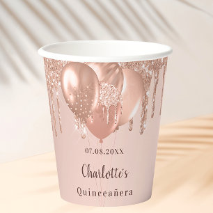Quinceanera rose gold balloons paper cups