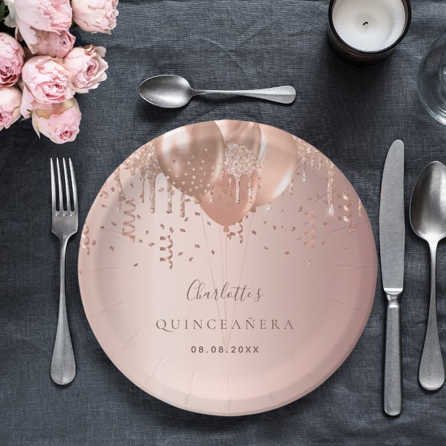 Quinceanera rose gold balloons paper plates (Creator Uploaded)