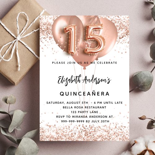 Quinceanera rose gold balloons white  invitation