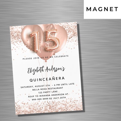 Quinceanera rose gold balloons white luxury magnetic invitation