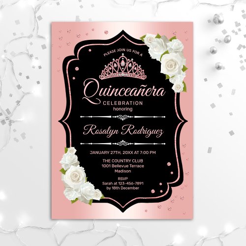 Quinceanera _ Rose Gold Black White Invitation