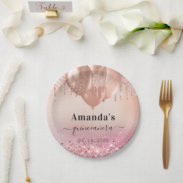 Quinceanera rose gold blush balloons name paper plates (Wedding)