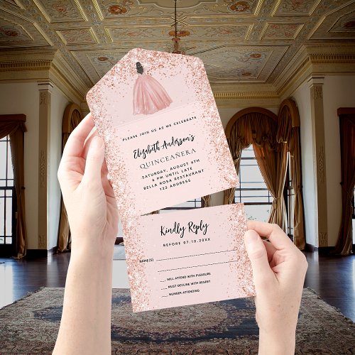 Quinceanera rose gold blush dress party RSVP All In One Invitation