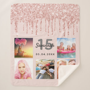Quinceanera rose gold blush drips photo name sherpa blanket