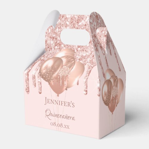 Quinceanera rose gold blush glitter balloons favor boxes