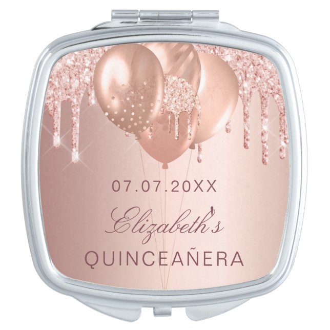 Quinceanera rose gold blush glitter balloons name compact mirror (Front)