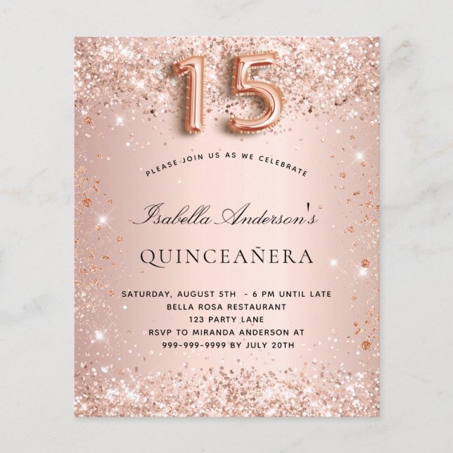 Quinceanera rose gold blush glitter budget  flyer (Front)