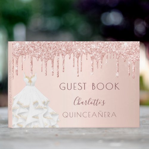 Quinceanera rose gold blush glitter drips dress guest book