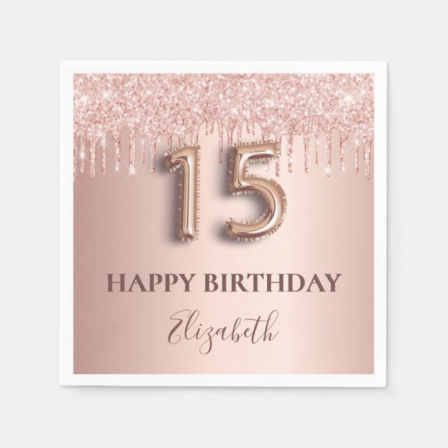 Quinceanera rose gold blush glitter drips name napkins (Front)