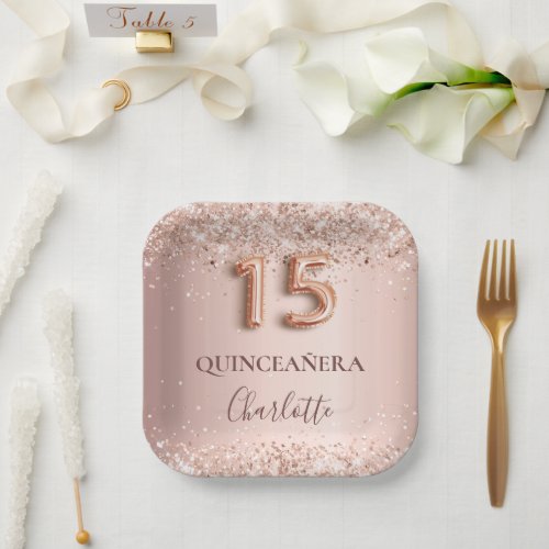 Quinceanera rose gold blush glitter drips name paper plates