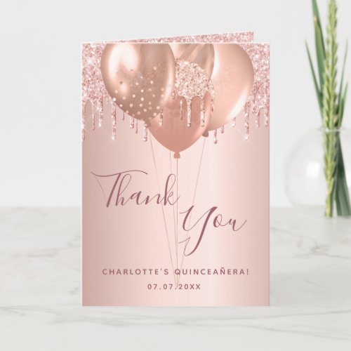 Quinceanera rose gold blush glitter drips photo thank you card